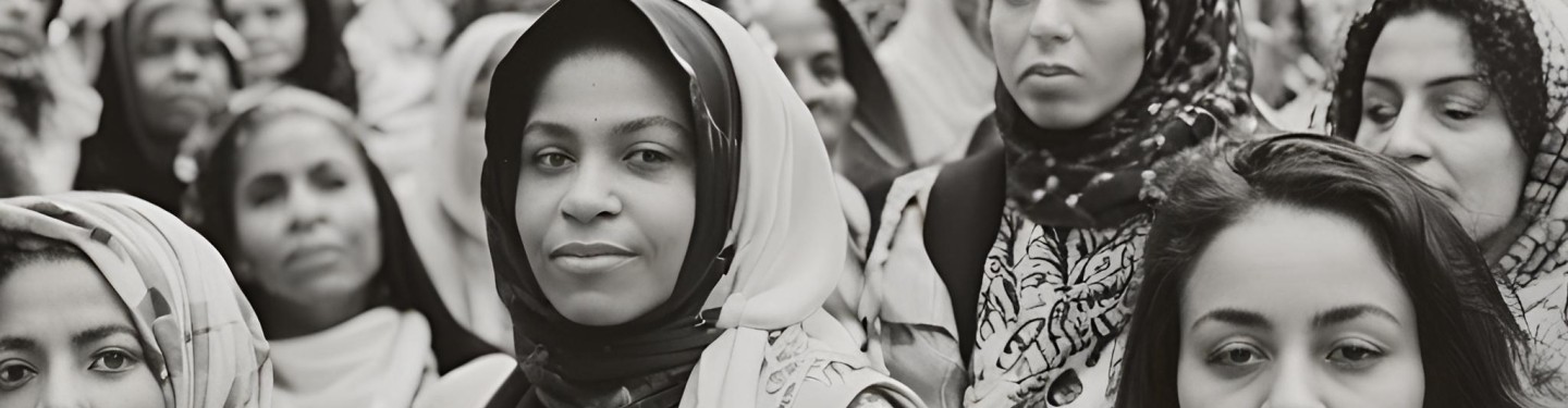 Black and white picture of a crowd or women bravely staring into the camera. 