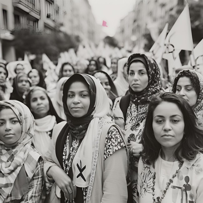 Black and white picture of a crowd or women bravely staring into the camera. 