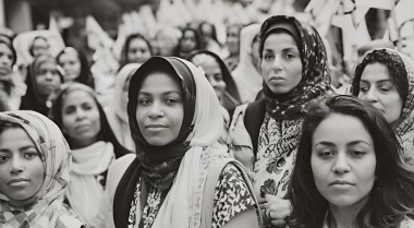 Black and white picture of a crowd or women bravely staring into the camera. 